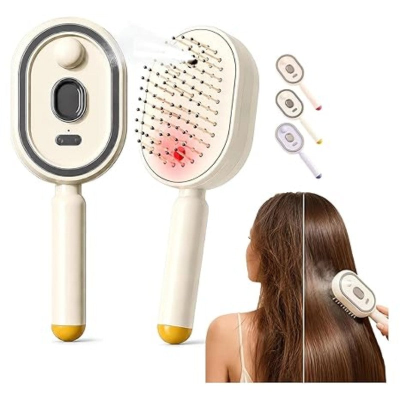 Electric spray comb with mist function showing anti-frizz hair brush in beige color with charging case