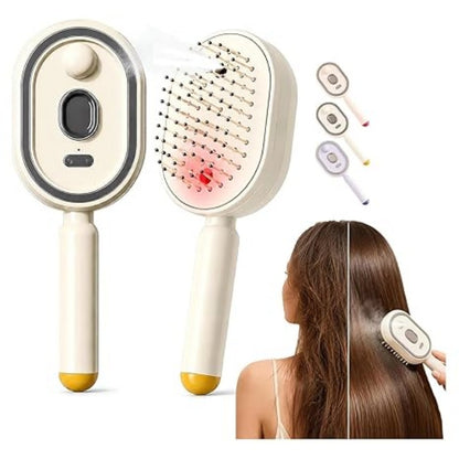 Electric spray comb with mist function showing anti-frizz hair brush in beige color with charging case