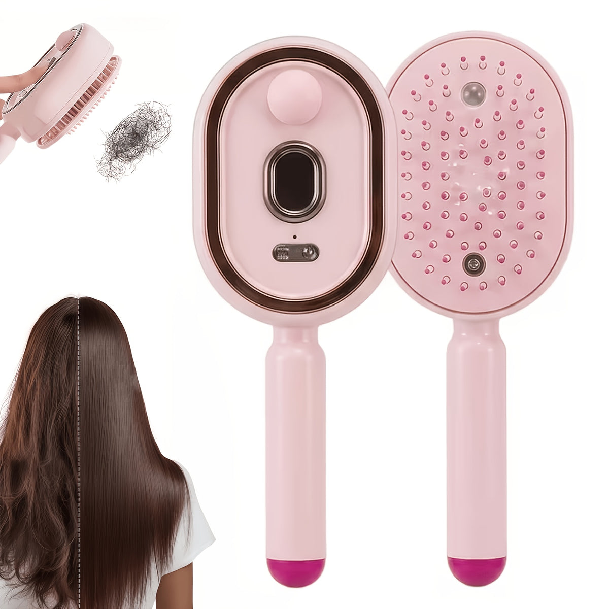 Electric spray comb with mist function showing anti-frizz hair brush in beige color with charging case