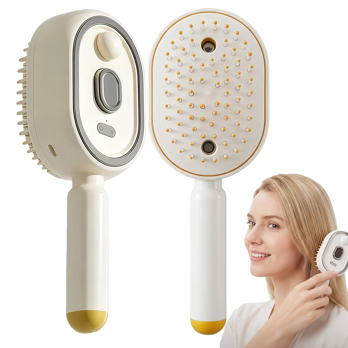 Electric spray comb with mist function showing anti-frizz hair brush in beige color with charging case