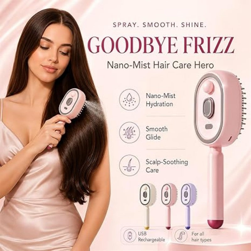 Electric spray comb with mist function showing anti-frizz hair brush in beige color with charging case