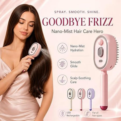 Electric spray comb with mist function showing anti-frizz hair brush in beige color with charging case