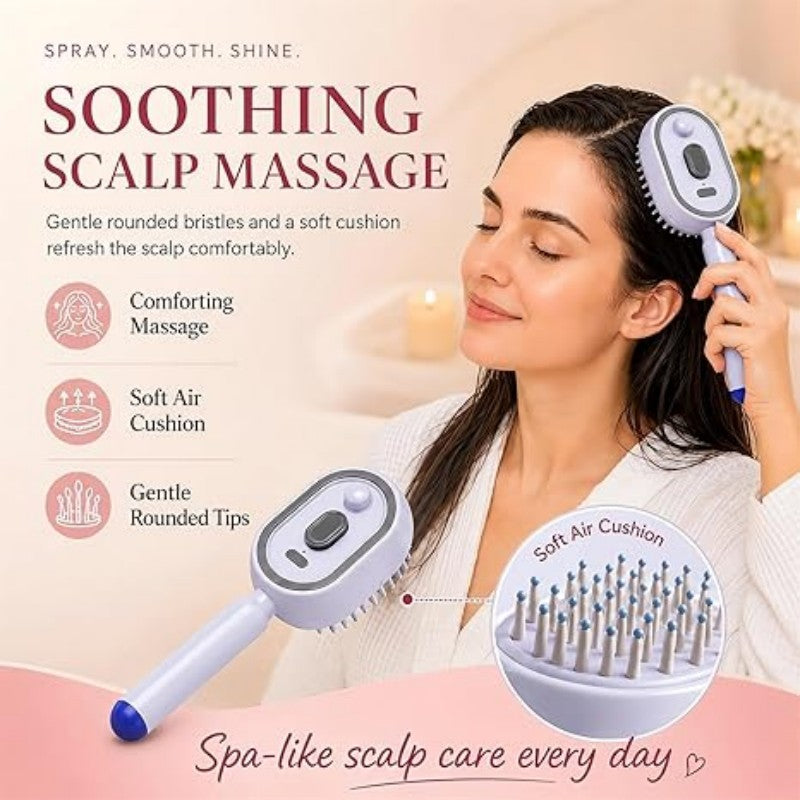 Electric spray comb with mist function showing anti-frizz hair brush in beige color with charging case