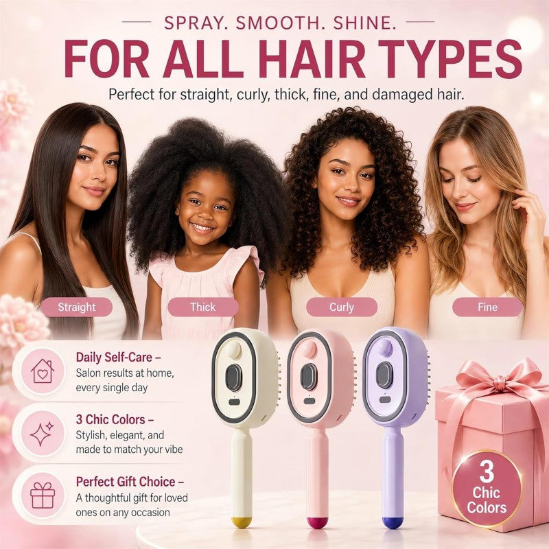 Electric spray comb with mist function showing anti-frizz hair brush in beige color with charging case