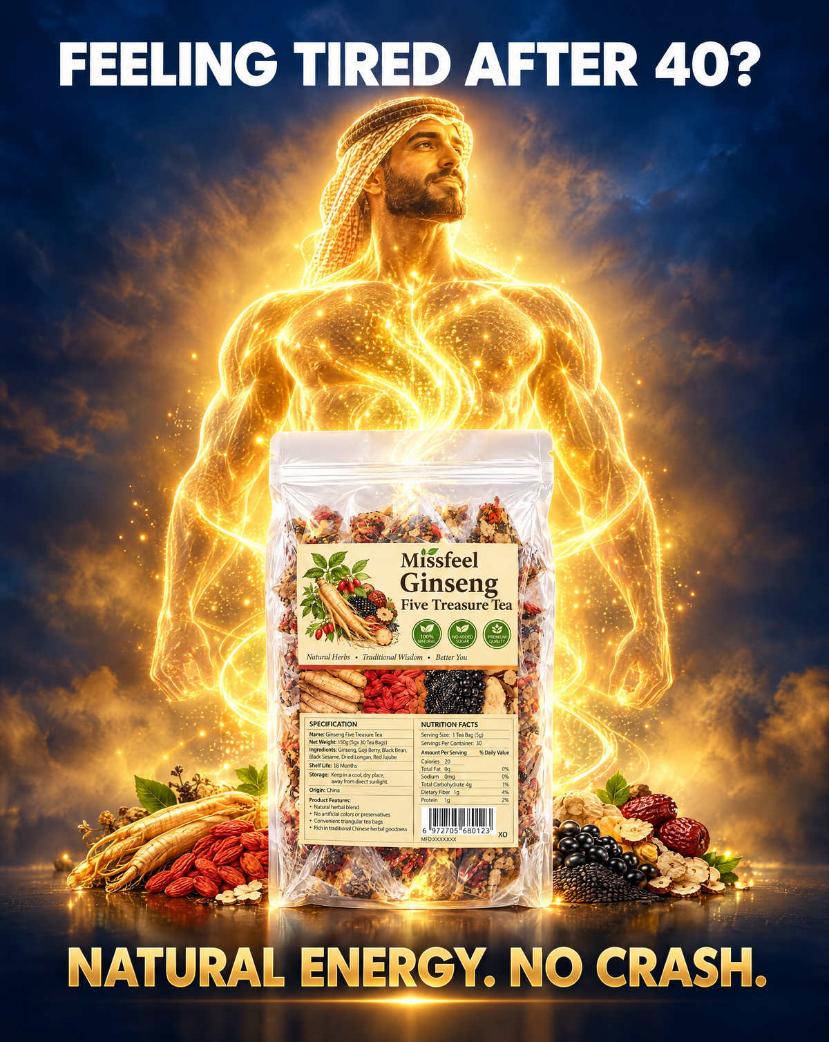 Missfeel Five Treasure Ginseng Tea – Warm Herbal Blend with Maca & Goji, 30 Tea Bags