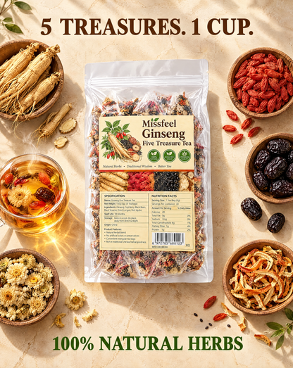 Missfeel Five Treasure Ginseng Tea – Warm Herbal Blend with Maca & Goji, 30 Tea Bags