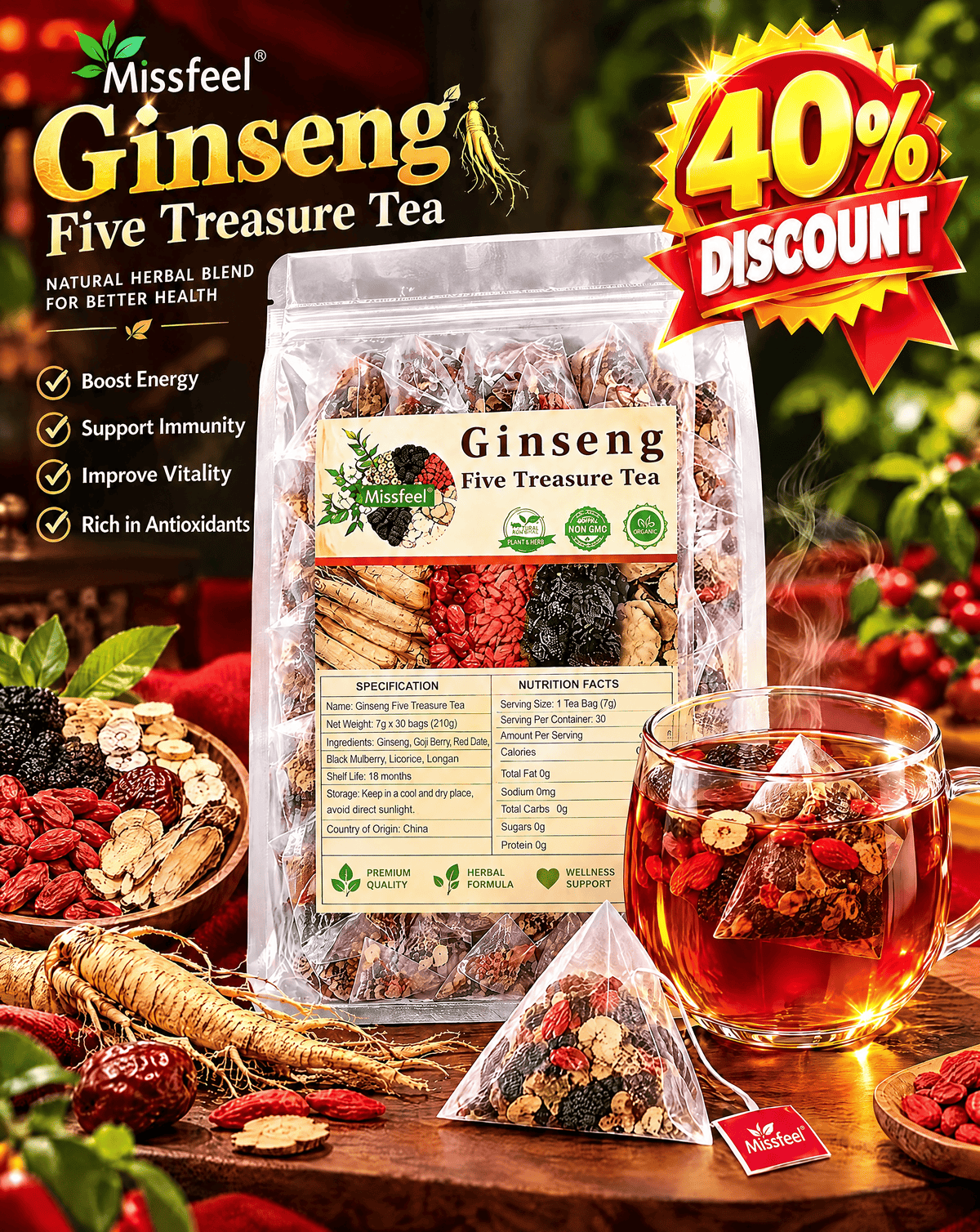 Missfeel Five Treasure Ginseng Tea for Men – Energy & Stamina Support