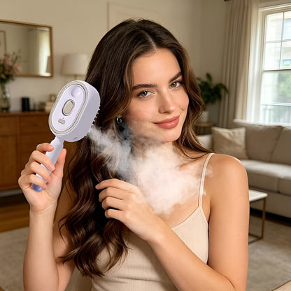 Electric spray comb with mist function showing anti-frizz hair brush in beige color with charging case