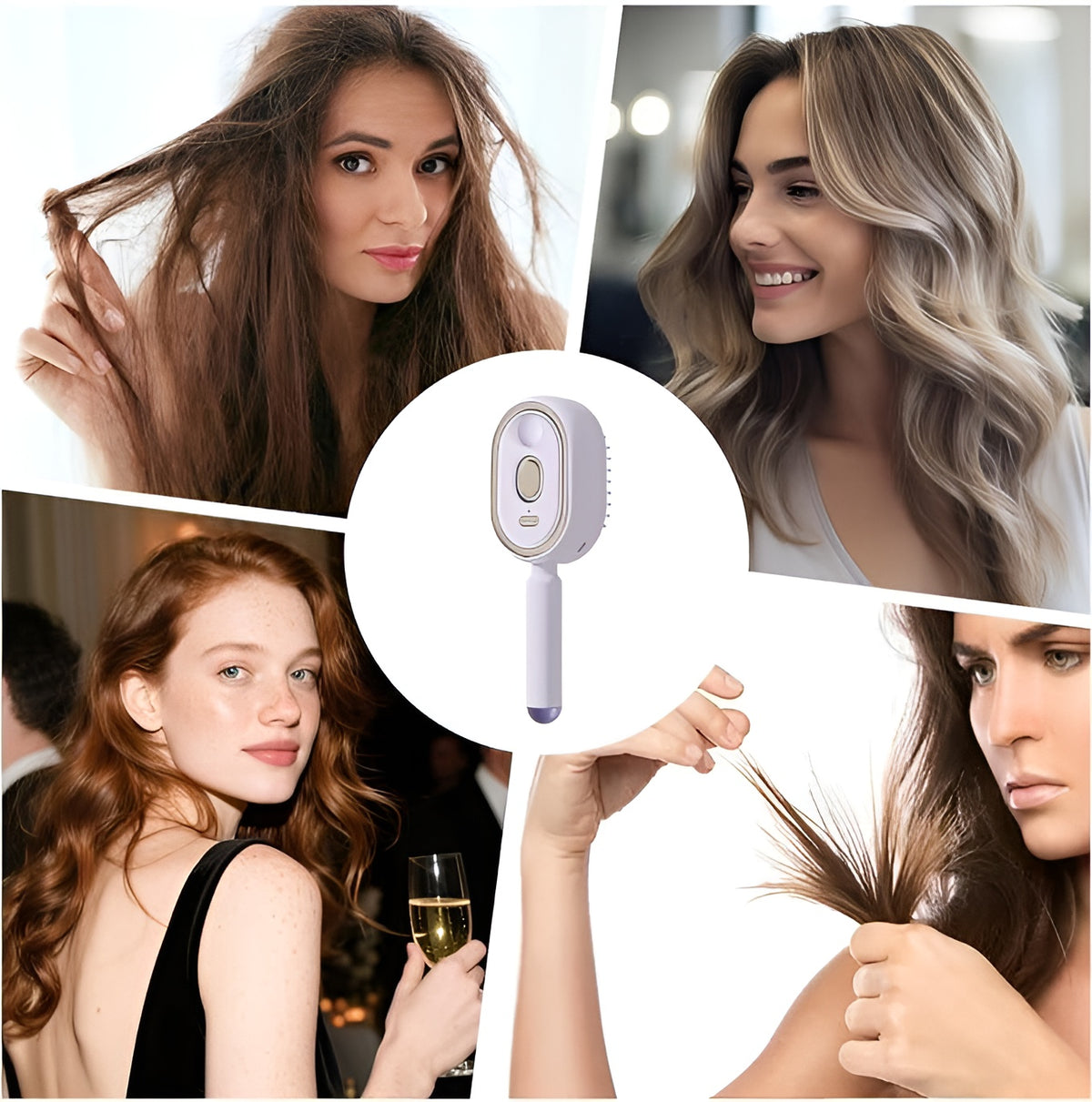 Electric spray comb with mist function showing anti-frizz hair brush in beige color with charging case