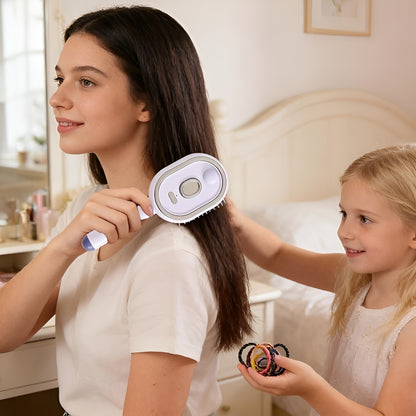 Electric spray comb with mist function showing anti-frizz hair brush in beige color with charging case