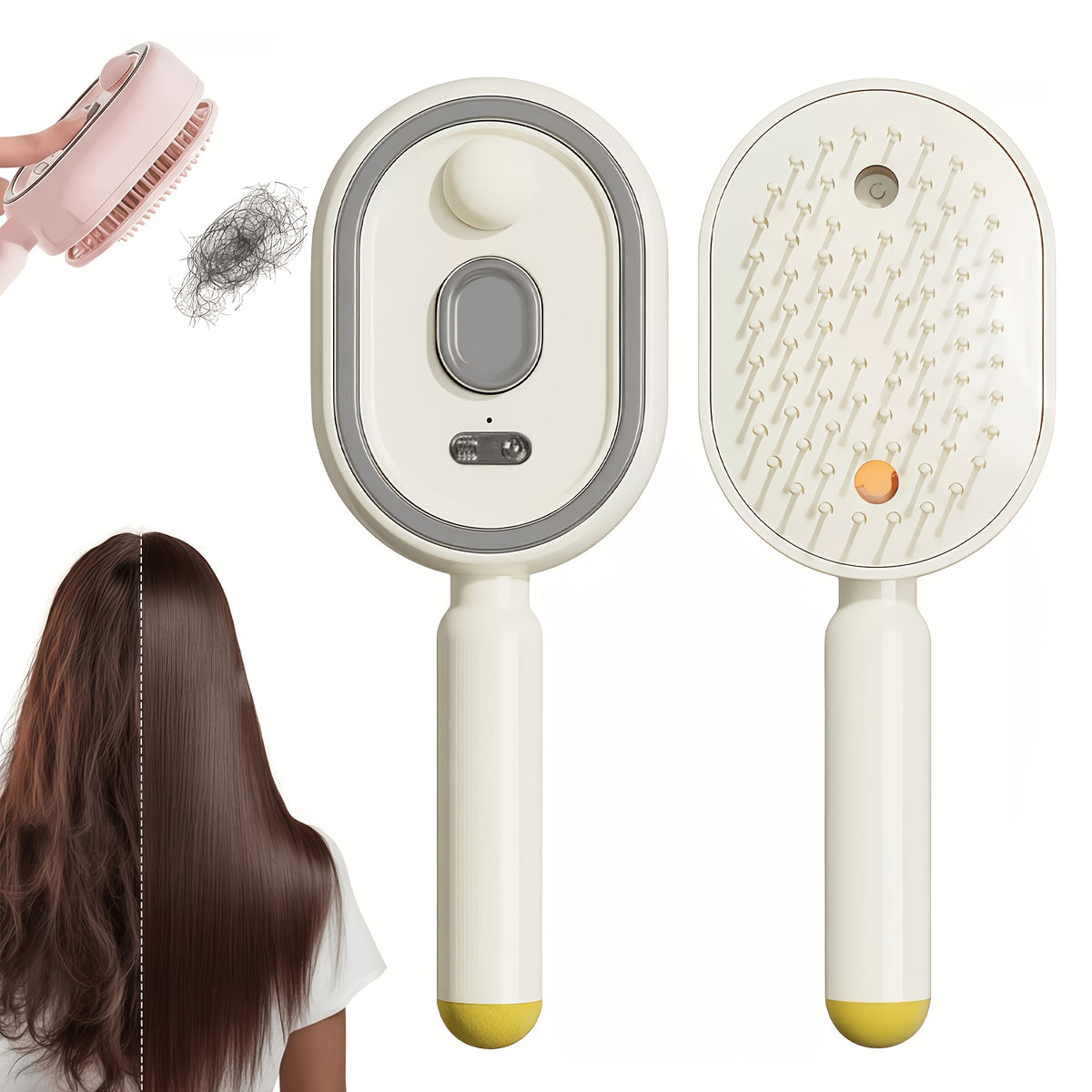 Electric spray comb with mist function showing anti-frizz hair brush in beige color with charging case