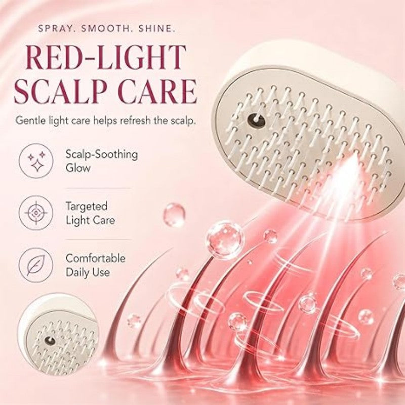Electric spray comb with mist function showing anti-frizz hair brush in beige color with charging case