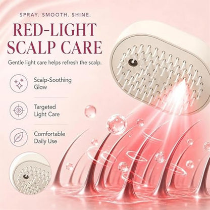 Electric spray comb with mist function showing anti-frizz hair brush in beige color with charging case