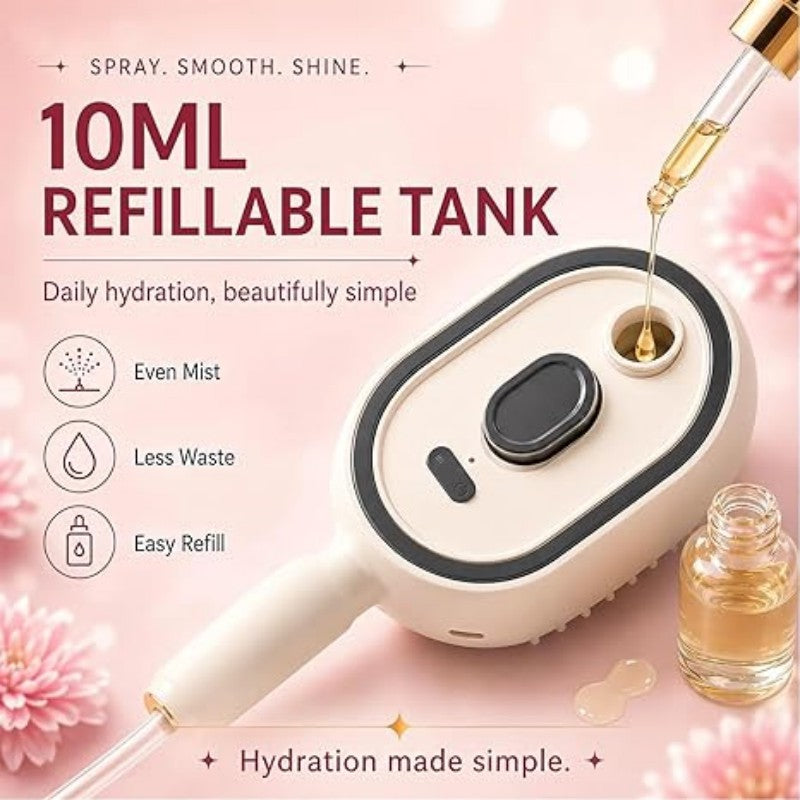Electric spray comb with mist function showing anti-frizz hair brush in beige color with charging case