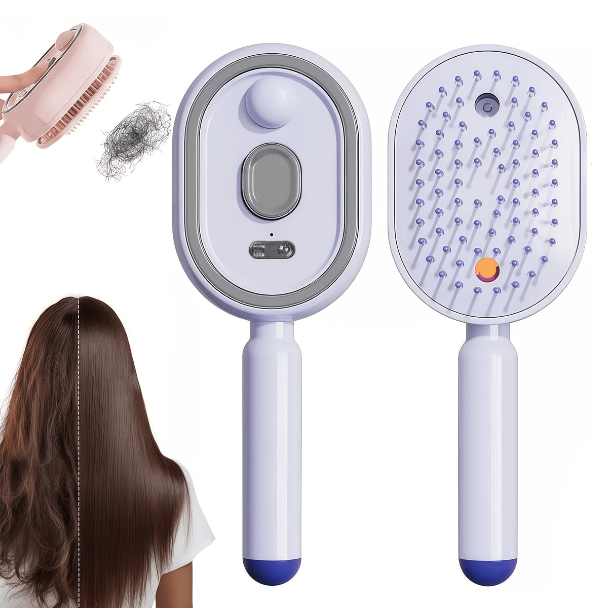 Electric spray comb with mist function showing anti-frizz hair brush in beige color with charging case