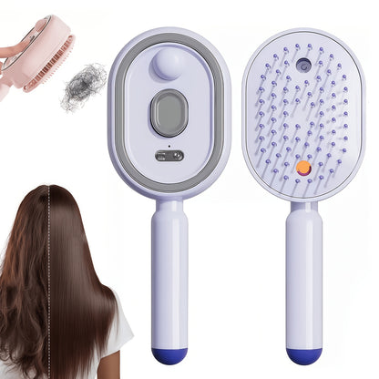 Electric spray comb with mist function showing anti-frizz hair brush in beige color with charging case