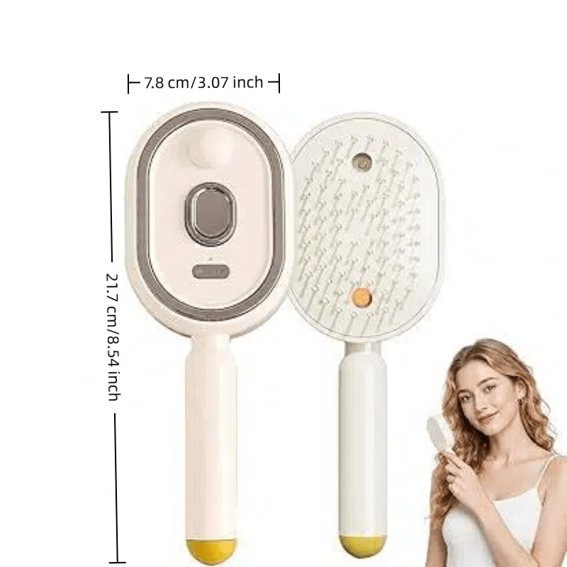 Electric spray comb with mist function showing anti-frizz hair brush in beige color with charging case