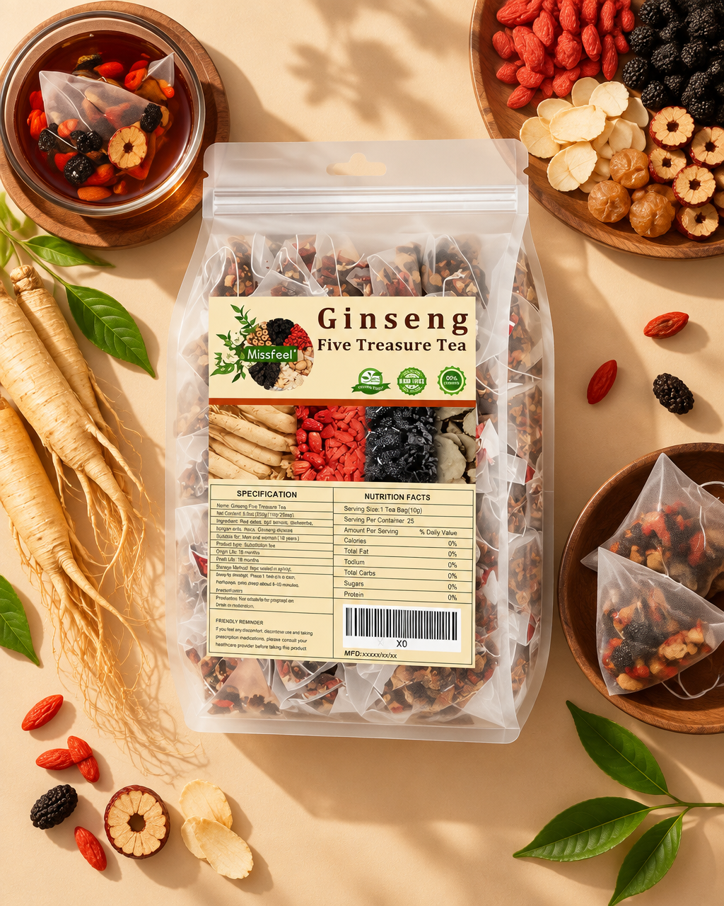 Missfeel Five Treasure Ginseng Tea – Warm Herbal Blend with Maca & Goji, 30 Tea Bags