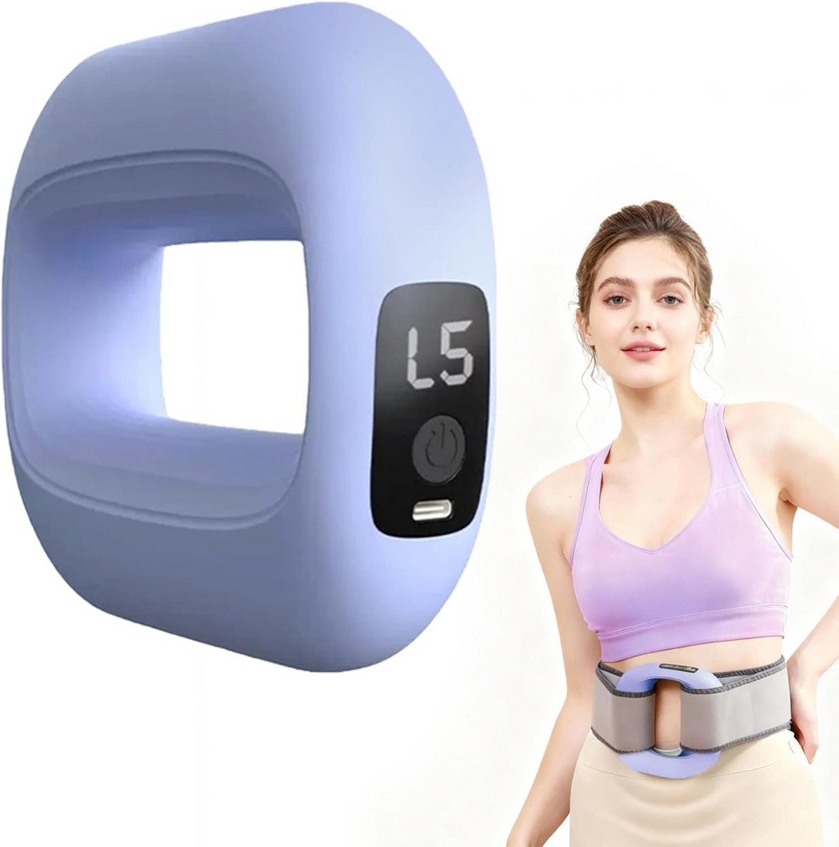 Lavender cordless massage ring with digital controls and waist strap shown in use