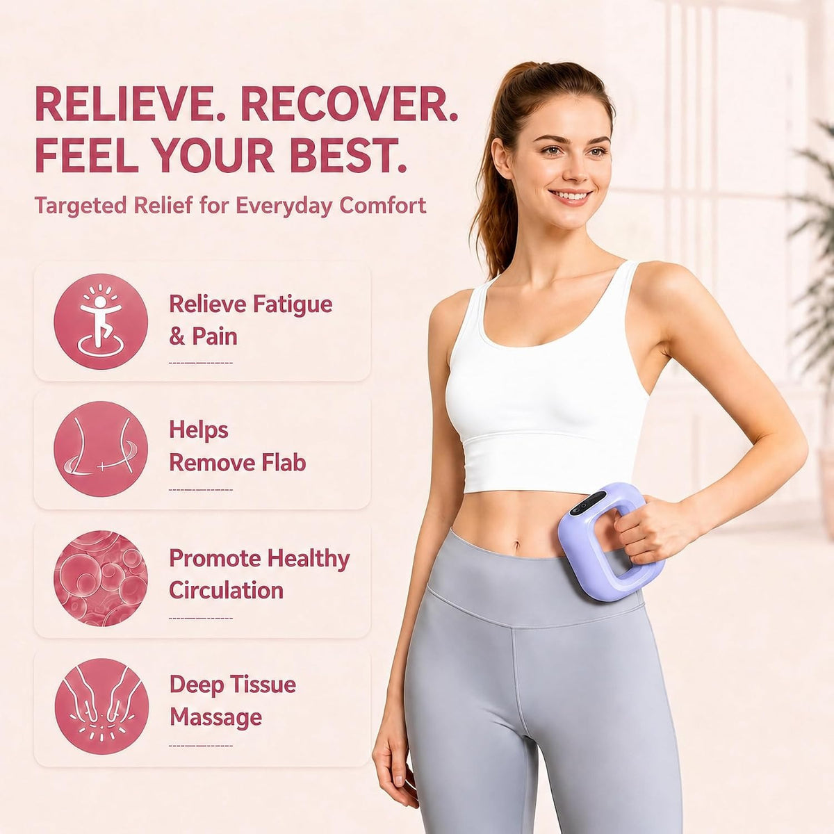 Lavender handheld massage ring shown in a wellness lifestyle setting